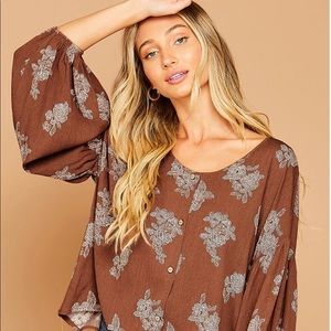 Peach Love California Brown Floral Boho Crop Top | Balloon Sleeve Front Button